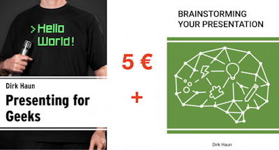 Die Cover der beiden E-Books Presenting for Geeks und Brainstorming your Presentation nebeneinander angeordnet. Dazwischen steht der Betrag 5 Euro und ein Plus-Zeichen um anzuzeigen, dass man für das Geld beide E-Books bekommt.